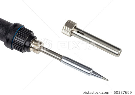 Close-up of a soldering iron tip with a blue Close-up of a soldering iron tip with a blue 60387699
