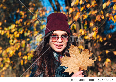 Gorgeous young woman posing in sunglasses in sunny autumn day. 60388807