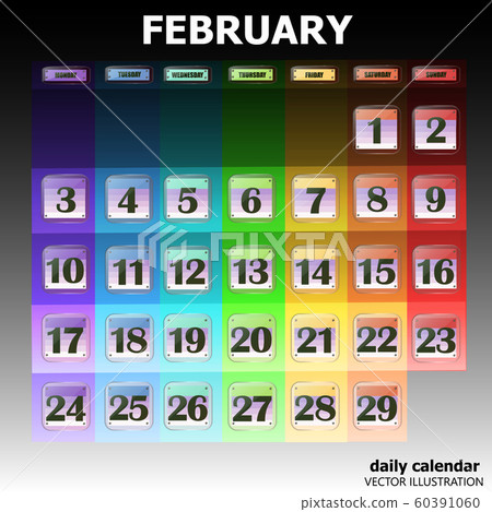 Colorful calendar for February 2020 in english. Set of buttons with calendar dates. Vector 60391060