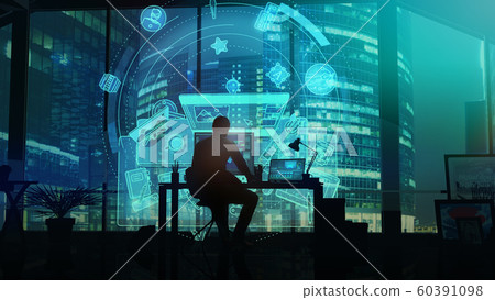 Designer on the background of business center skyscrapers. 60391098