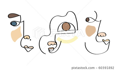 Set of three abstract face one line drawing. Portrait minimalistic style. Fine one line drawing abstract face. One line drawing abstract faces. Modern continuous line art 60391892
