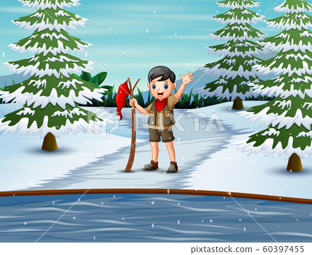 A scout boy with red flag on winter landscape A scout boy with red flag on winter landscape 60397455