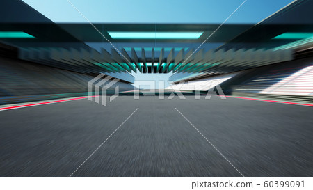 Side view motion blur empty asphalt international race track with modern glass facade bridge. 60399091
