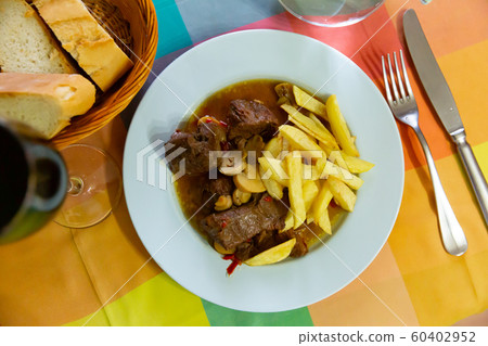 Top view of Asturian stewed beef in rustic style 60402952