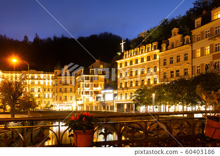 Embankments of Karlovy Vary in evening, Czech Republic 60403186