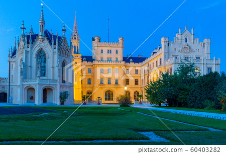 View on the medieval castle Lednice in evening. South Moravian region. Czech Republic View on the medieval castle Lednice in evening. South Moravian region. Czech Republic 60403282