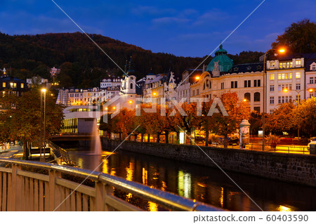 Embankments of Karlovy Vary in evening, Czech Republic Embankments of Karlovy Vary in evening, Czech Republic 60403590