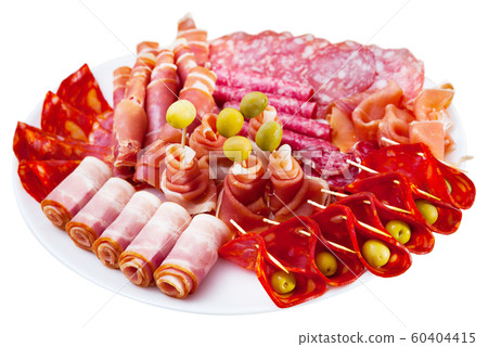 Spanish sausage sliced - chorizo, fuet, jamon, salami, bacon Spanish sausage sliced - chorizo, fuet, jamon, salami, bacon 60404415