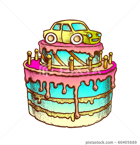 Birthday Cake Decorated With Car Retro Vector Birthday Cake Decorated With Car Retro Vector 60405689