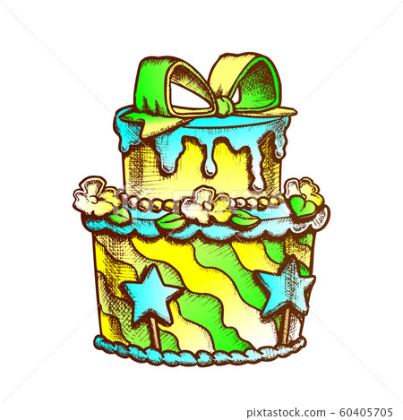 Birthday Cake Decorated With Bow Retro Vector 60405705