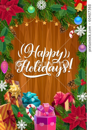 Christmas tree wreath and gifts on wood background - Stock Illustration ...