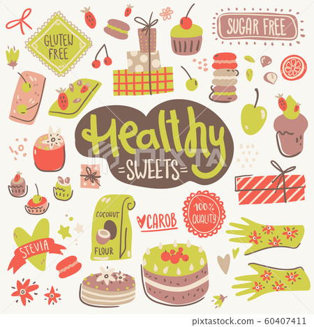 Hand made vegan bakery, ingredients, packaging and cooking utensils. Cute simple style, vector illustration. 60407411