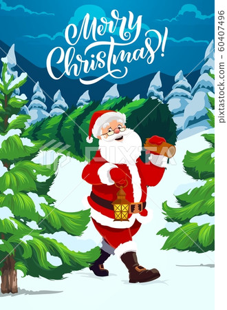 Santa carrying Christmas tree, night winter forest 60407496