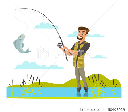 Fisherman catching fish on hook illustration 60408029