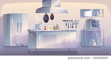 Kitchen in restaurant empty interior with supplies Kitchen in restaurant empty interior with supplies 60408097