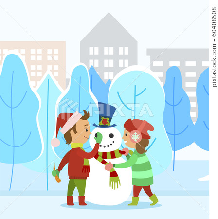 Children Making Snowman Together in Winter Park 60408508