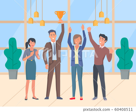 Teamwork, Men and Women Holding Gold Trophy Cup Teamwork, Men and Women Holding Gold Trophy Cup 60408511