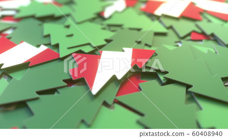 Details of flag of Austria on the souvenir Christmas trees. Winter holidays related 3D rendering 60408940