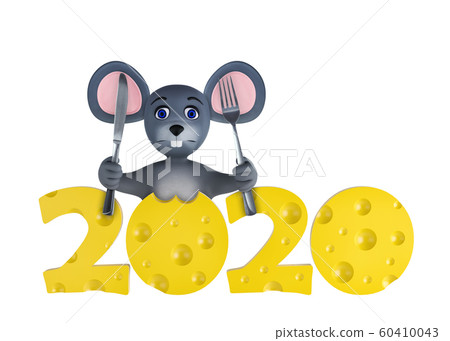 Happy new year 2020 greeting card with cute mouses and cheeses isolated on white. Animal wildlife holidays cartoon character. 3d render. 60410043