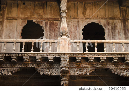 Wooden carving details, Palashikar Wada, Palashi, Parner, Maharasthra, India 60410963