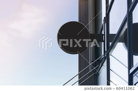Blank black outdoor round box mock up on glass building 60411062