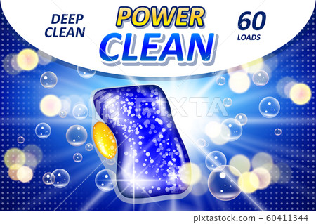 Dishwashing tablet soap ads. Realistic Liquid detergent gel for dishwasher machine advertising poster. 3d vector illustration 60411344