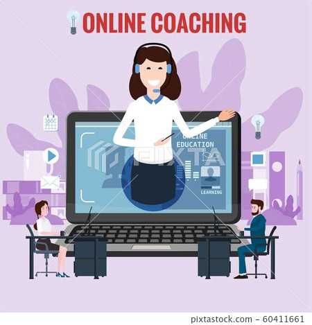 Online training coaching, education, workshops and courses. E-learning page students studying, with notebook, pile of books icon set and mentor masterclass. Vector illustration isolated 60411661