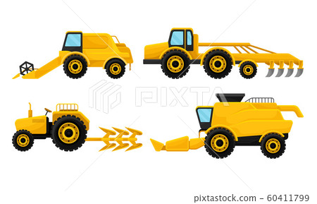 Heavy Agricultural Machinery Collection, Yellow Farm Vehicles Vector Illustration Heavy Agricultural Machinery Collection, Yellow Farm Vehicles Vector Illustration 60411799