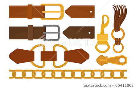 Leather Belts, Chain, Metal Buckles and Steel Trinkes Collection, Garments Fashion Accessories Vector Illustration 60411802