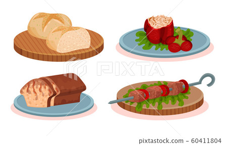 Bulgarian Cuisine National Food Dishes Collection, Stuffed Baked Pepper, Fresh Bun ,Barbeque Kebab, Romanian Cozonac Easter Bread Vector Illustration 60411804