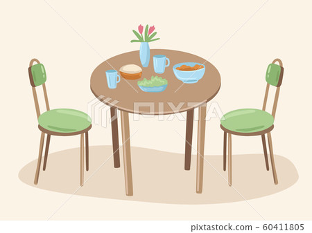 Table with food and two chairs. Cafe or lunch at home, furniture in the kitchen. Vector illustration Table with food and two chairs. Cafe or lunch at home, furniture in the kitchen. Vector illustration 60411805