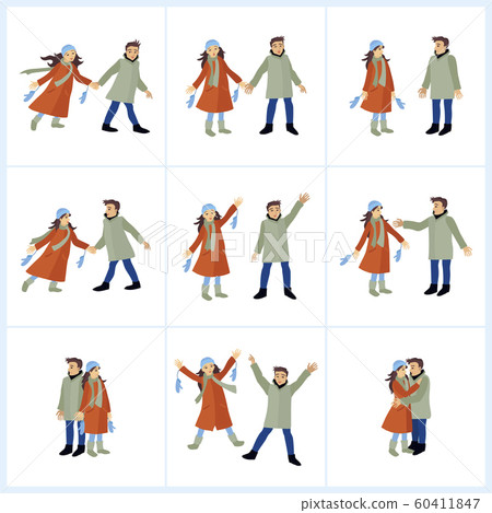 Couple the man and the woman in winter clothes embrace walk. Koleektion of 9 plots. Vector illustration of characters 60411847