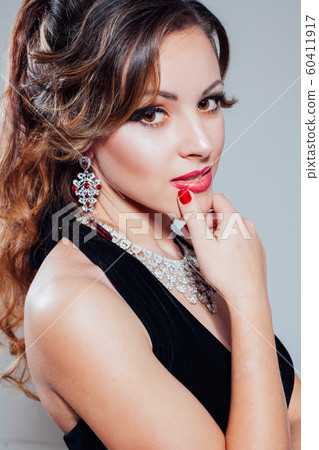 beautiful girl in black evening dress cocktail party 60411917