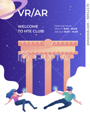 Colorful poster vector template with two young gamers in virtual worlds, exploring space and ancient civilizations. Colorful poster vector template with two young gamers in virtual worlds, exploring space and ancient civilizations. 60412170