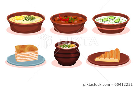 Bulgarian Cuisine National Food Dishes Collection, Vegetables and Meat Stewed in Pot, Banitsa Pie, Okroshka Vector Illustration Bulgarian Cuisine National Food Dishes Collection, Vegetables and Meat Stewed in Pot, Banitsa Pie, Okroshka Vector Illustration 60412231