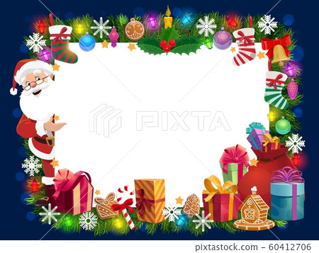 Christmas frame of Santa gifts, Xmas tree and bell 60412706