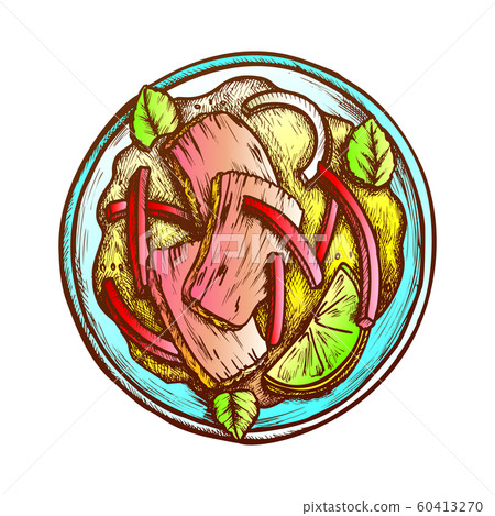 Beef With Basil, Lime, Pepper And Onion Ink Vector 60413270
