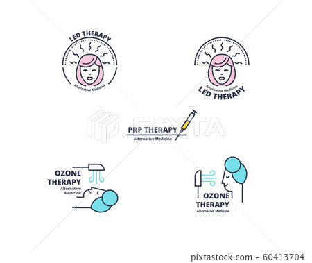 Minimalist LED, Ozone Therapy and PRP Treatment badges on white background. Cosmetology procedures and facial care alternative medicine concept. 60413704