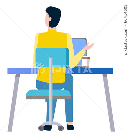 Worker Sitting at Desk on Chair Works at Computer Worker Sitting at Desk on Chair Works at Computer 60414609