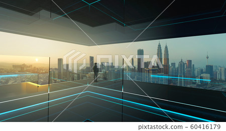 Rear view of a businessman looking at large city center. Concept of success and appreciation. Mixed media . 60416179