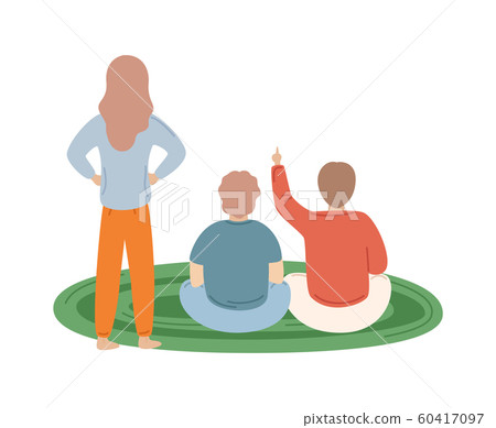 Mother and Kids on Carpet Vector Family Back View 60417097