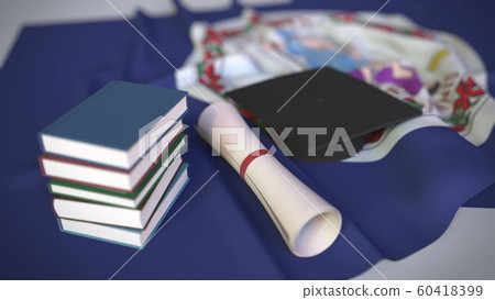 Graduation cap, books and diploma on the flag of Virginia. Higher education in the USA related conceptual 3D rendering 60418399