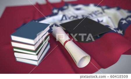 Graduation cap, books and diploma on the flag of Arkansas. Higher education in the USA related conceptual 3D rendering Graduation cap, books and diploma on the flag of Arkansas. Higher education in the USA related conceptual 3D rendering 60418509