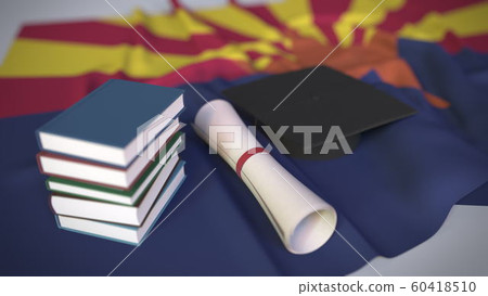 Graduation cap, books and diploma on the flag of Arizona. Higher education in the USA related conceptual 3D rendering Graduation cap, books and diploma on the flag of Arizona. Higher education in the USA related conceptual 3D rendering 60418510