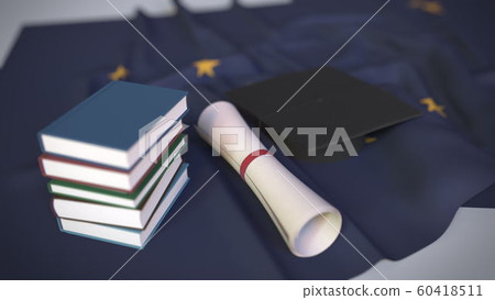 Graduation cap, books and diploma on the flag of Alaska. Higher education in the USA related conceptual 3D rendering Graduation cap, books and diploma on the flag of Alaska. Higher education in the USA related conceptual 3D rendering 60418511