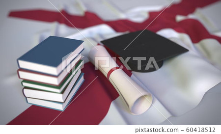Graduation cap, books and diploma on the flag of Alabama. Higher education in the USA related conceptual 3D rendering Graduation cap, books and diploma on the flag of Alabama. Higher education in the USA related conceptual 3D rendering 60418512