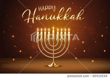 Happy Hanukkah greeting card with gold inscription and Golden realistic menorah, candlestick with burning candles 60418584