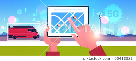 human hand using tablet delivery service van navigation application 5G online network wireless systems connection concept fifth innovative generation of high speed internet cityscape horizontal human hand using tablet delivery service van navigation application 5G online network wireless systems connection concept fifth innovative generation of high speed internet cityscape horizontal 60418821