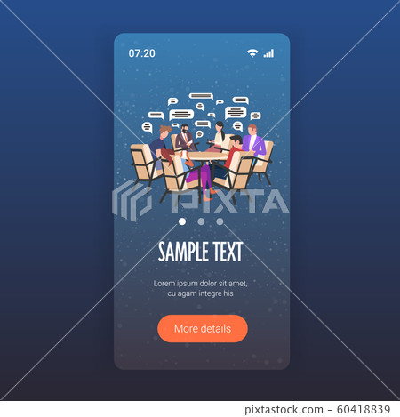 businesspeople sitting at round table chatting during meeting social network chat bubble communication concept business people messaging smartphone screen online mobile app full length 60418839