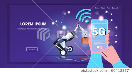 human hand using mobile app controlling robotic loader 5G online wireless system connection fifth innovative generation internet concept robot warehouse worker with cardboard box horizontal human hand using mobile app controlling robotic loader 5G online wireless system connection fifth innovative generation internet concept robot warehouse worker with cardboard box horizontal 60418877